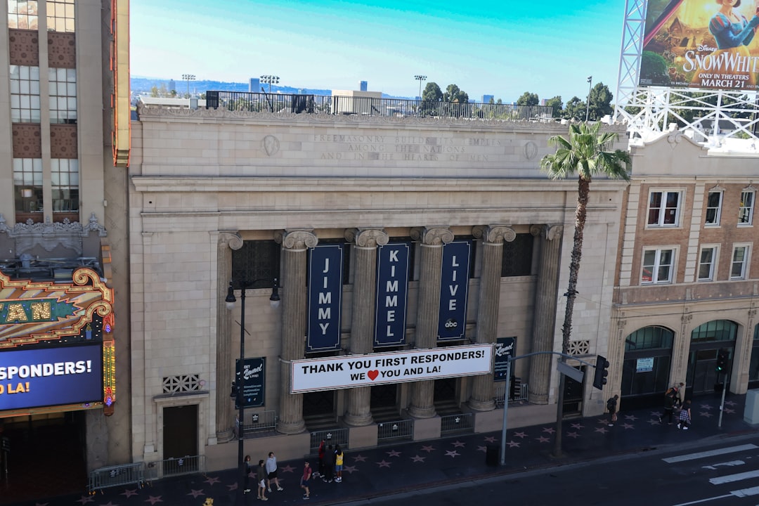 Jimmy kimmel live! show's building with a banner.